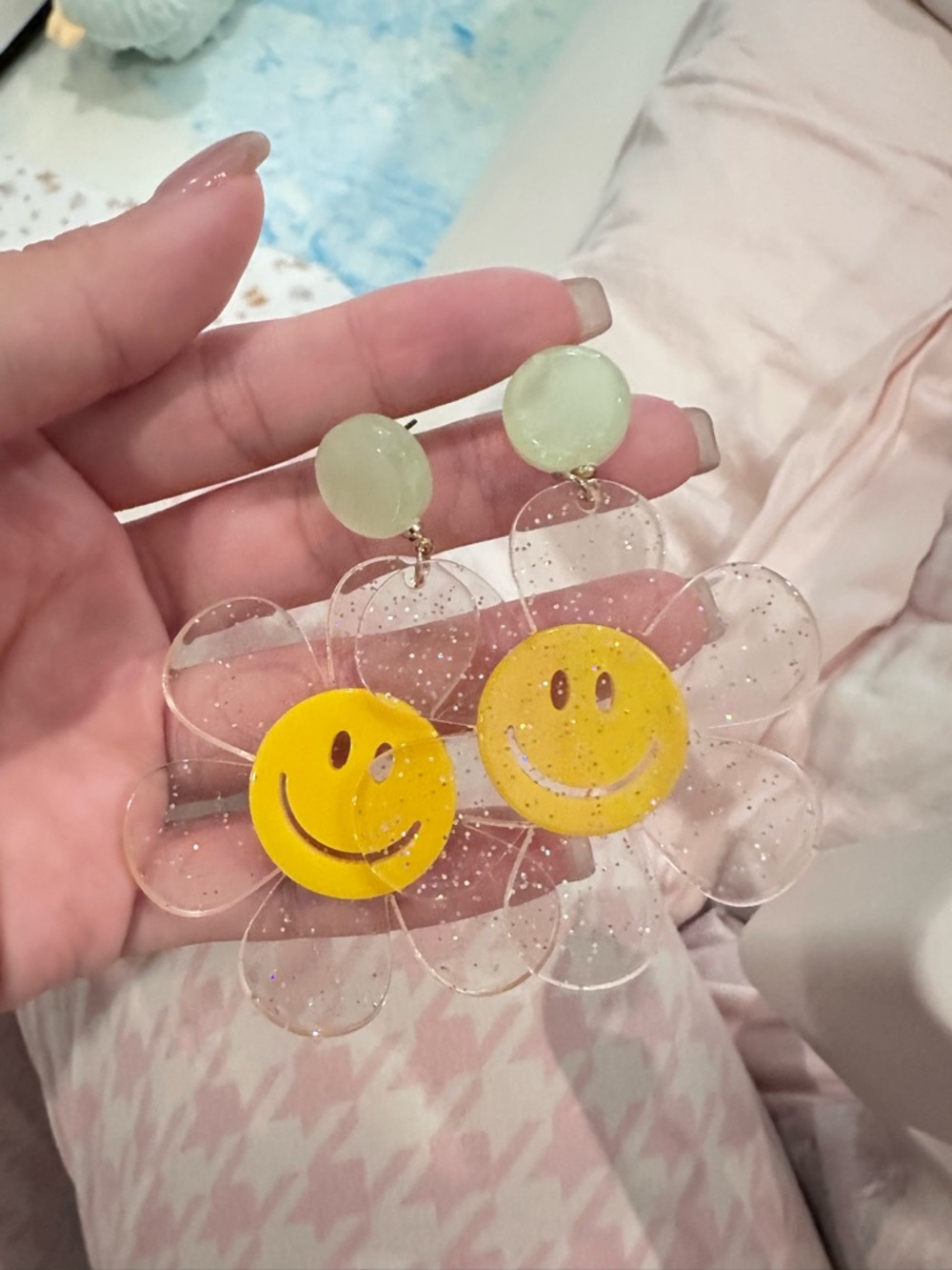 Clear Daisy Smiley Face Drop Earrings with Yellow Centers